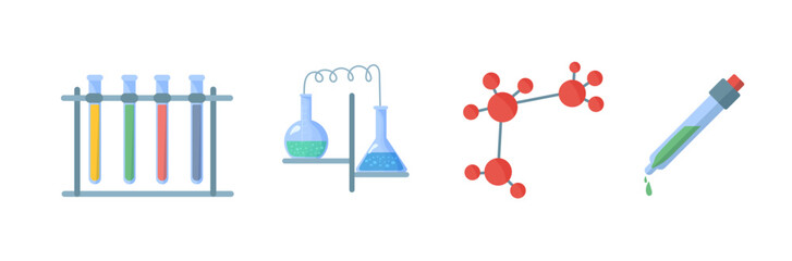 Equipment for chemical laboratory. Set of lab tools. Chemistry glass. Laboratory glassware with test tube beaker flask pipette erlenmeyer flask, science instrument. Chemistry attributes vector icons.