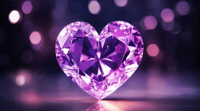Heart shaped purple gem stone on color background.