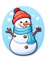 Snowman sticker with a scarf and hat on his head. The expression of a smile, AI