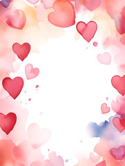 Watercolor frame background with hearts and white cops space for text inside 