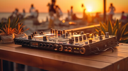 Dj console with beers and cocktails at the beach party