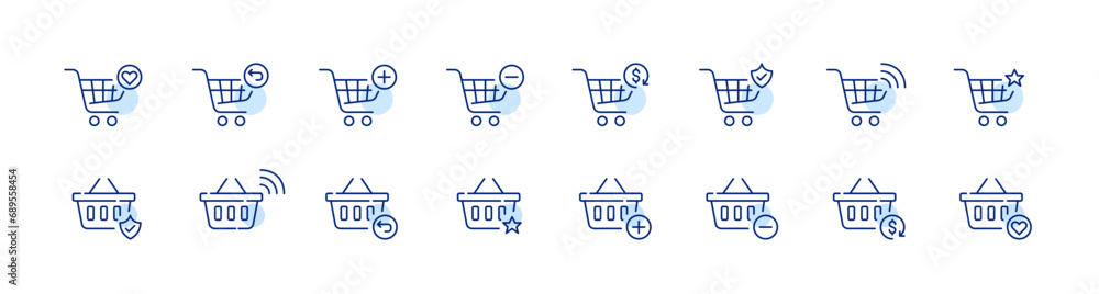 Poster shopping carts and basket actions. add to favorites, delete, checkout and secure connection. pixel p