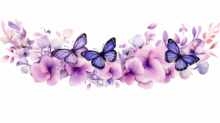 Purple watercolor flower wreath with butterflies