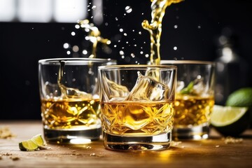 Glasses shot of tequila making toast with splash isolated on white background