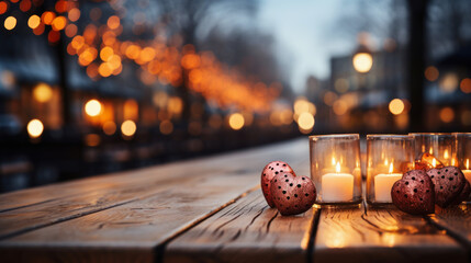 pink hearts and burning candles on wooden table outdoors