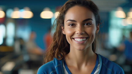 A cheerful and smiling female sports teacher at the fitness center
