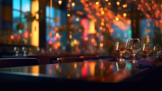 A restaurant adorned with abstract bokeh lights