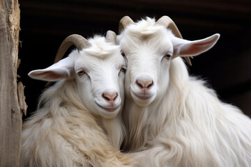 a pair of goats
are hugging
