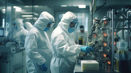 Naklejka premium Workers wearing protective clothing are making medicine in a Pharmaceutical factory