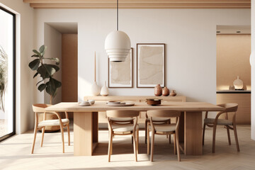 Dining room in a scandinavian style with neutral decor and lamp above the table, minimalist interior style. Generative AI