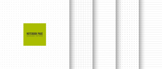 Collection of seamless geometric notepad page fill set in lined, squared, dotted, cross minimalistic pattern. Simple vector graphic white print background. Gray line abstract paper blank texture - 689560424