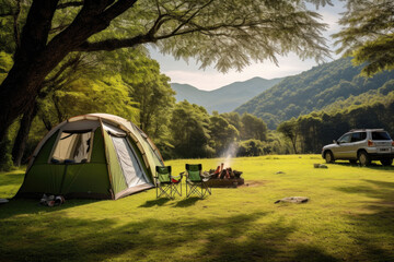 Camping tent on grass campground in green forest. Camp to holiday relax or vacation travel trip . Generative AI - Powered by Adobe
