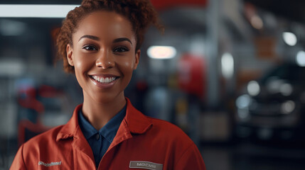 A cheerful and smiling female mechanic with a workshop background