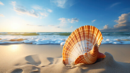 A single, striking seashell stands on sandy beach at sunrise.