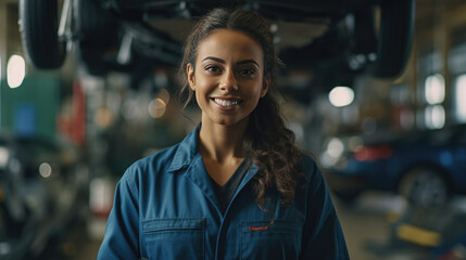 A cheerful and smiling female mechanic with a workshop background