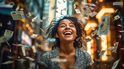 A woman wins the lottery with banknotes flying around her - obrazy, fototapety, plakaty