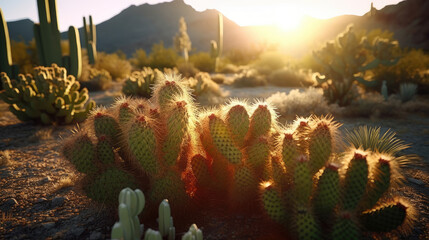 Cactus in the desert at sunrise - obrazy, fototapety, plakaty