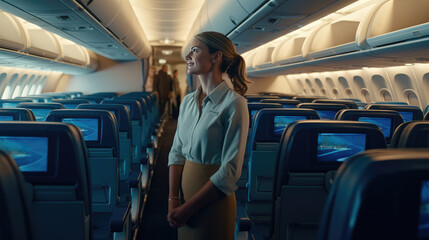 A woman works as a flight attendant on a passenger plane - obrazy, fototapety, plakaty