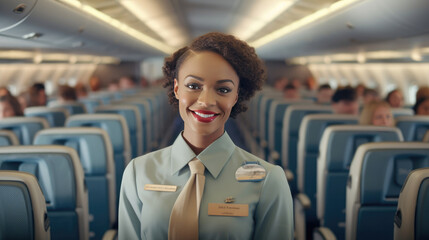 A woman works as a flight attendant on a passenger plane