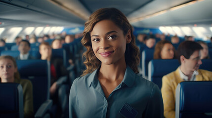 A woman works as a flight attendant on a passenger plane