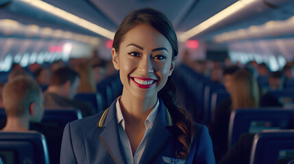 Fototapeta na wymiar A woman works as a flight attendant on a passenger plane