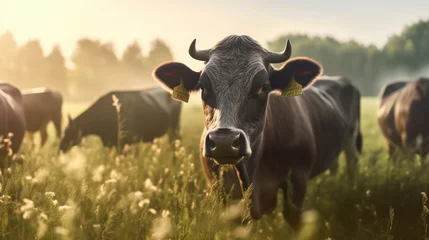 Rolgordijnen Close - up of a herd of bulls feeding on a green field in the morning © didiksaputra