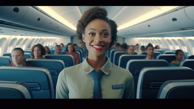 A woman works as a flight attendant on a passenger plane