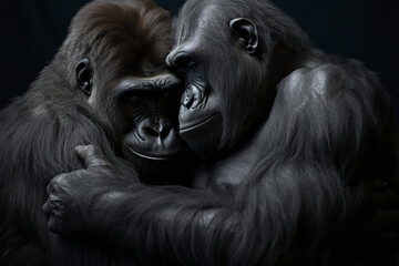 a pair of gorillas
are hugging