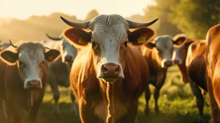 Plexiglas foto achterwand Close - up of a herd of bulls feeding on a green field in the morning © didiksaputra