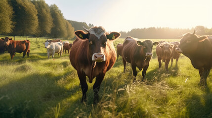 Close - up of a herd of bulls feeding on a green field in the morning