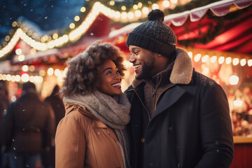 Happy black couple woman and man smiling, walk outside. Christmas holiday weekend. Decorated city...