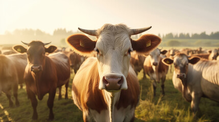 Naklejka na ściany i meble Close - up of a herd of bulls feeding on a green field in the morning