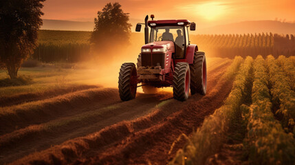 Fototapeta premium Agricultural tractor spraying plants in the morning sunlight