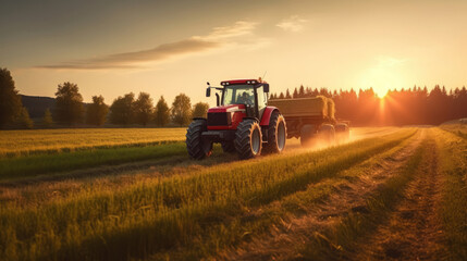 Agricultural tractor spraying plants in the morning sunlight
