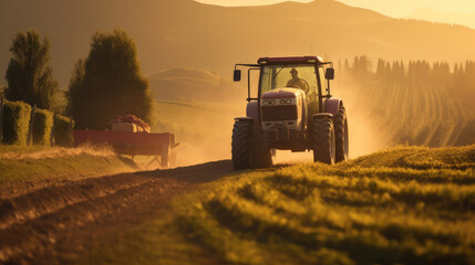 Naklejka premium Agricultural tractor spraying plants in the morning sunlight