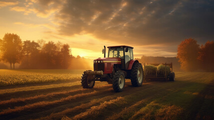 Fototapeta premium Agricultural tractor spraying plants in the morning sunlight