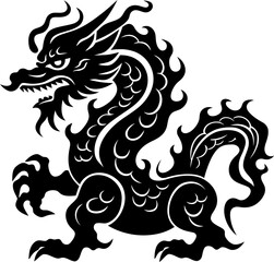 Chinese dragon silhouette in black color. Vector template for laser cutting.