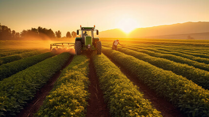 Fototapeta premium Agricultural tractor spraying plants in the morning sunlight