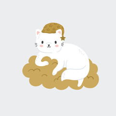Baby white cat on a cloud nursery print in boho style