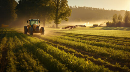 Fototapeta premium Agricultural tractor spraying plants in the morning sunlight