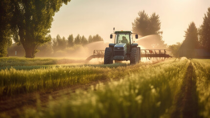 Agricultural tractor spraying plants in the morning sunlight
