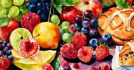 フルーツ、野菜、水彩画、背景｜fruit, vegetables, watercolor, background. Generative AI - obrazy, fototapety, plakaty