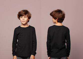Front and back views of a little boy wearing a black long-sleeve T-shirt