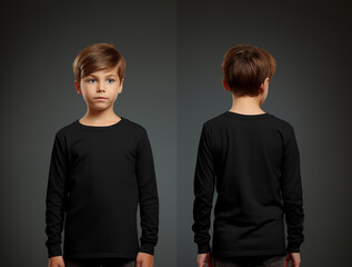 Front and back views of a little boy wearing a black long-sleeve T-shirt