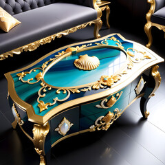 Gold hues, mother-of-pearl, and precious stones in delicate designs express natural beauty, extended to women's furniture for a mysterious, exquisite vibe.(Generative AI)