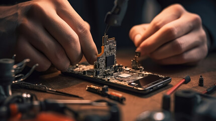 A technician repairing a broken smartphone - obrazy, fototapety, plakaty