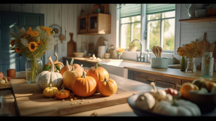 A kitchen adorned with seasonal delights like pumpkins and leaves
