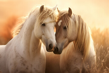 a pair of horses
are hugging
