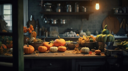 A kitchen adorned with seasonal delights like pumpkins and leaves