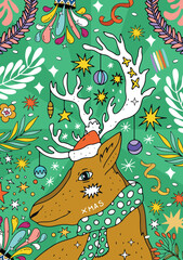 Naklejka premium Vector illustrations of New Year and Christmas cards with the image of a hand-drawn Christmas tree in bobo-modern colors. Ideal for printing, postcards, banners, websites